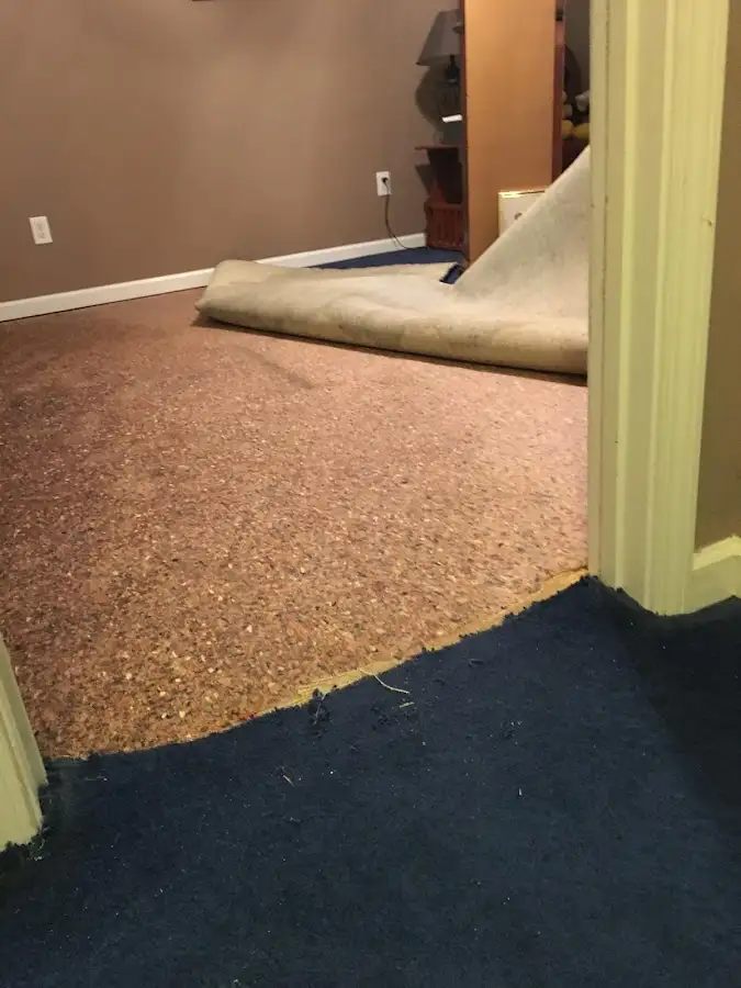 Carpet pad removal revealing water damage during Water Mitigation Services in West Warwick